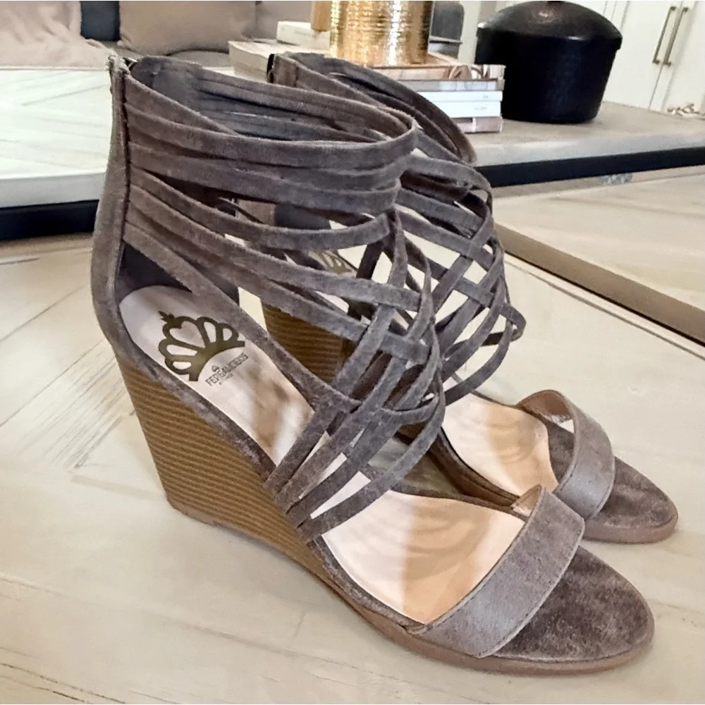 Fergalicious Taupe Strappy Wedge Sandals. Size 8.5